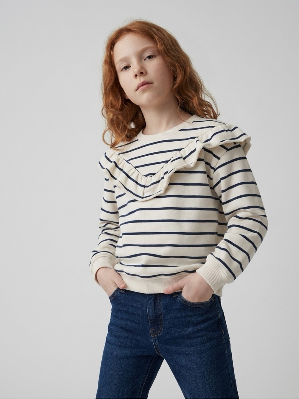Zara Girls Striped Ruffle Sweatshirt Cream Navy Size 3-4 Years NWT